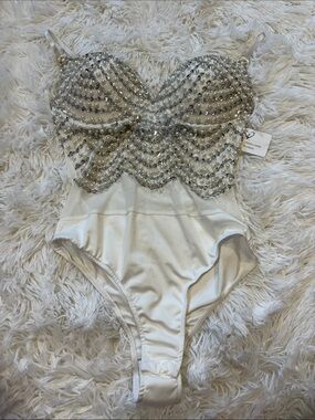 Windsor Ivory Sheer Mesh Rhinestone Bodysuit with Satin Cups